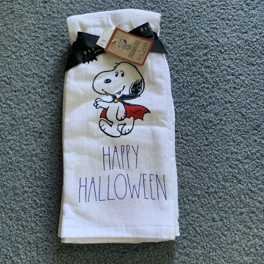 Rae Dunn Peanuts Snoopy Happy Halloween Holiday Kitchen Towels 2 Pk NEW